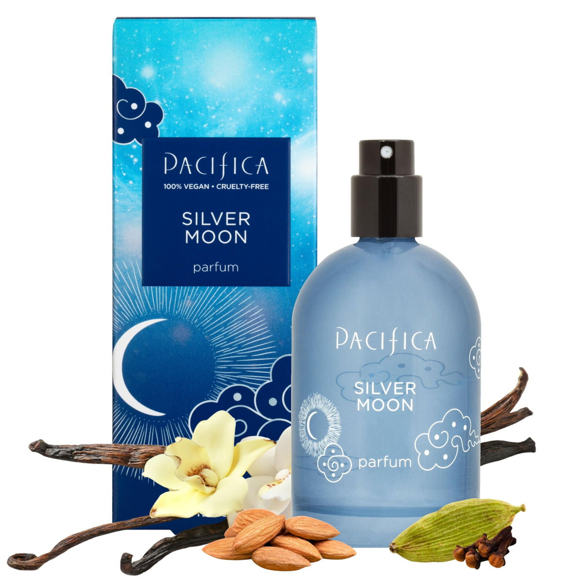 Pacifica Silver Moon bottle close-up highlighting vanilla and almond notes for everyday wear.