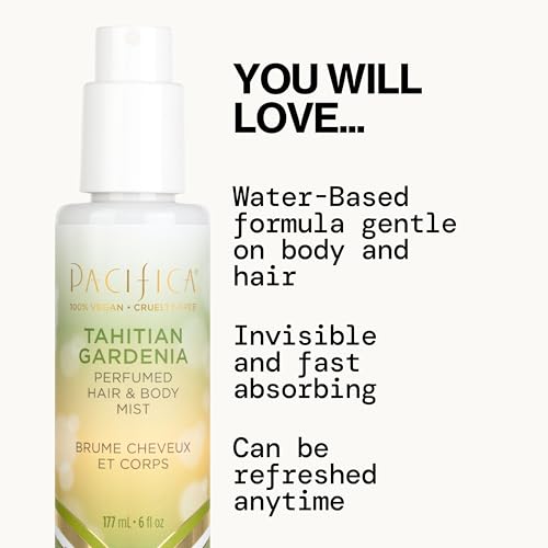 Pacifica Tahitian Gardenia mist bottle in use on hair and skin for refreshment.