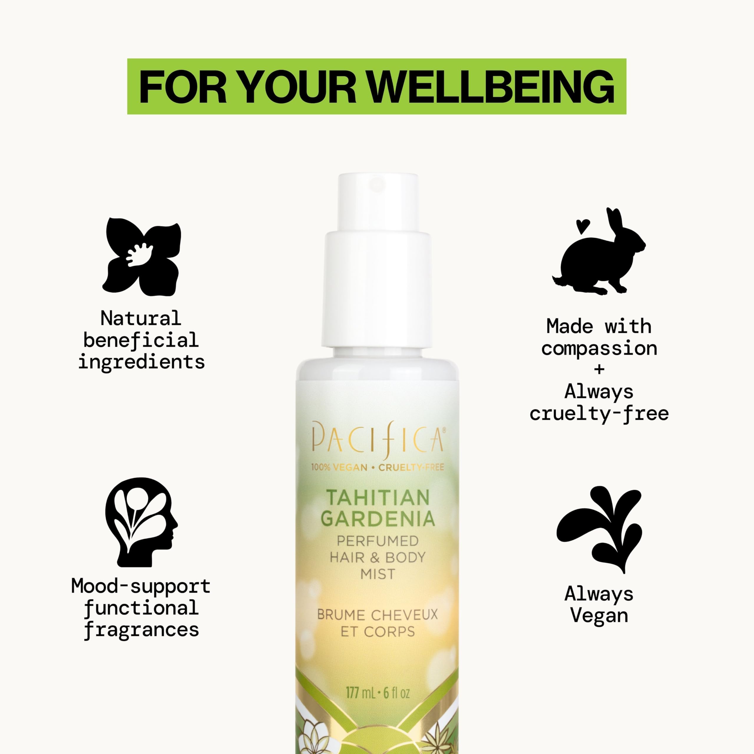 Pacifica Tahitian Gardenia mist ingredients panel highlighting natural oils.