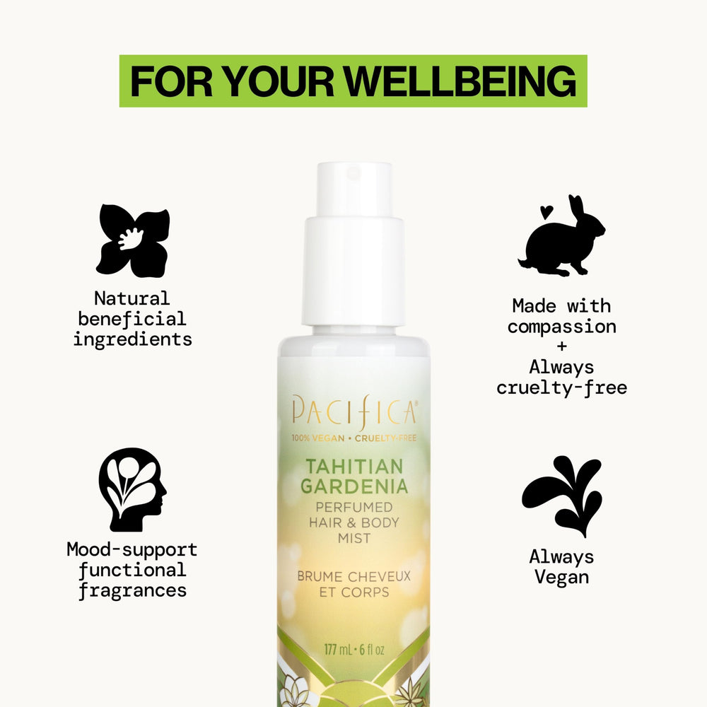 Pacifica Tahitian Gardenia mist ingredients panel highlighting natural oils.