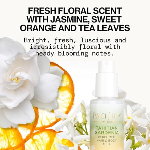 Pacifica Tahitian Gardenia mist being spritzed, lightweight scent for hair and skin.