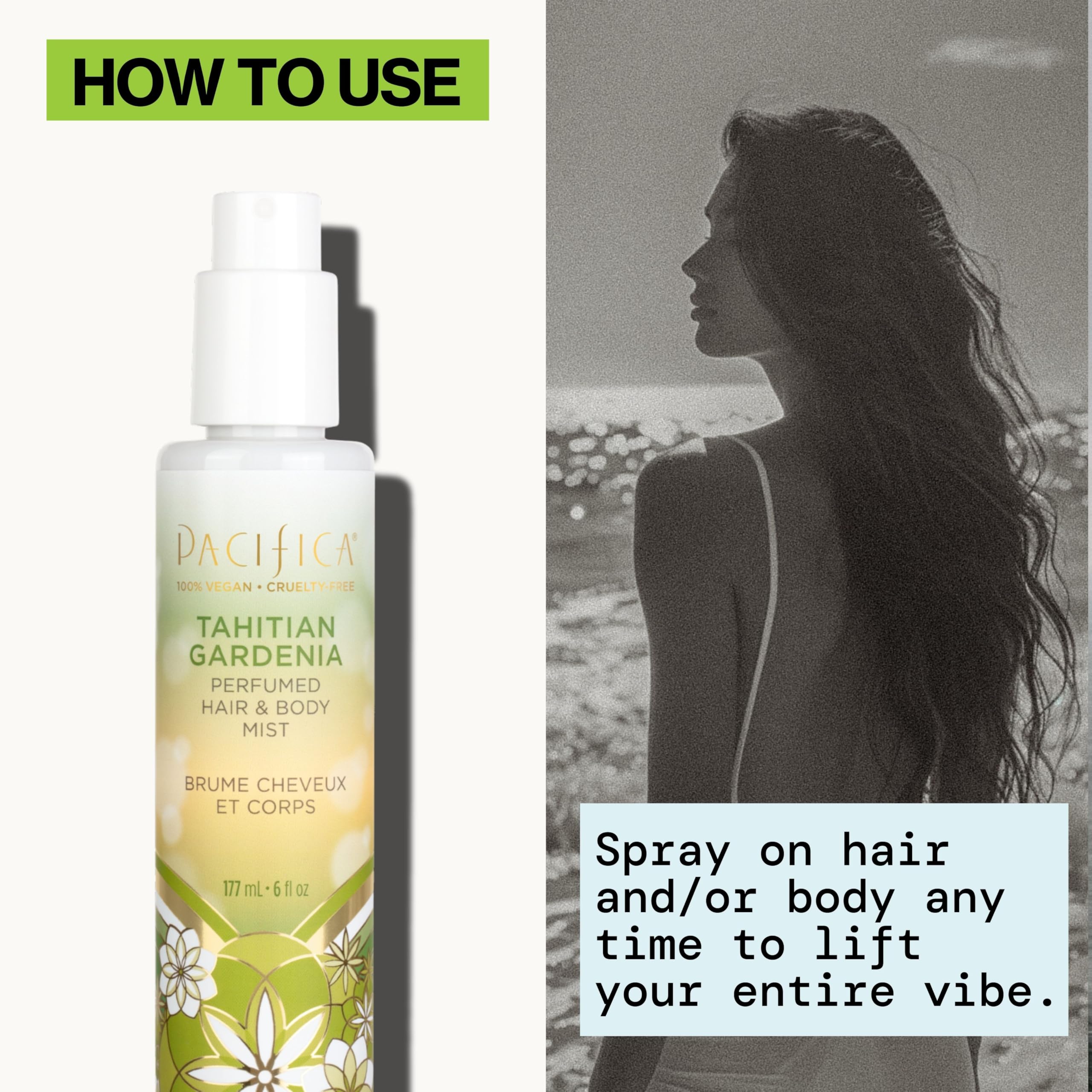 Pacifica Tahitian Gardenia mist spritz stream delivering quick-dry fragrance.