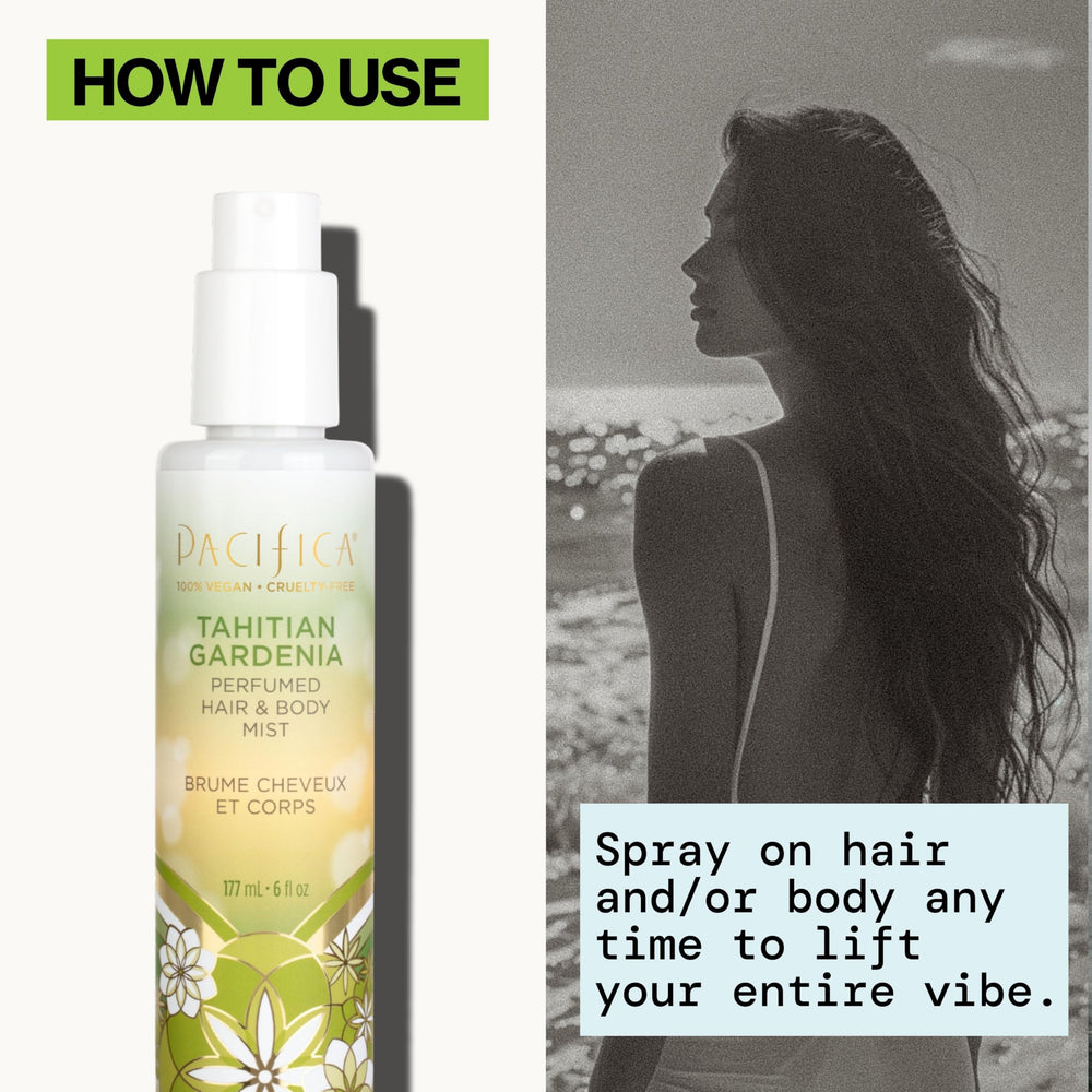 Pacifica Tahitian Gardenia mist spritz stream delivering quick-dry fragrance.