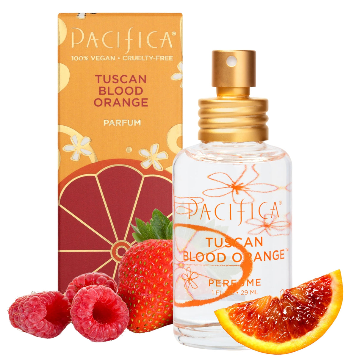 Pacifica Tuscan Blood Orange perfume bottle on white background for everyday citrus freshness.