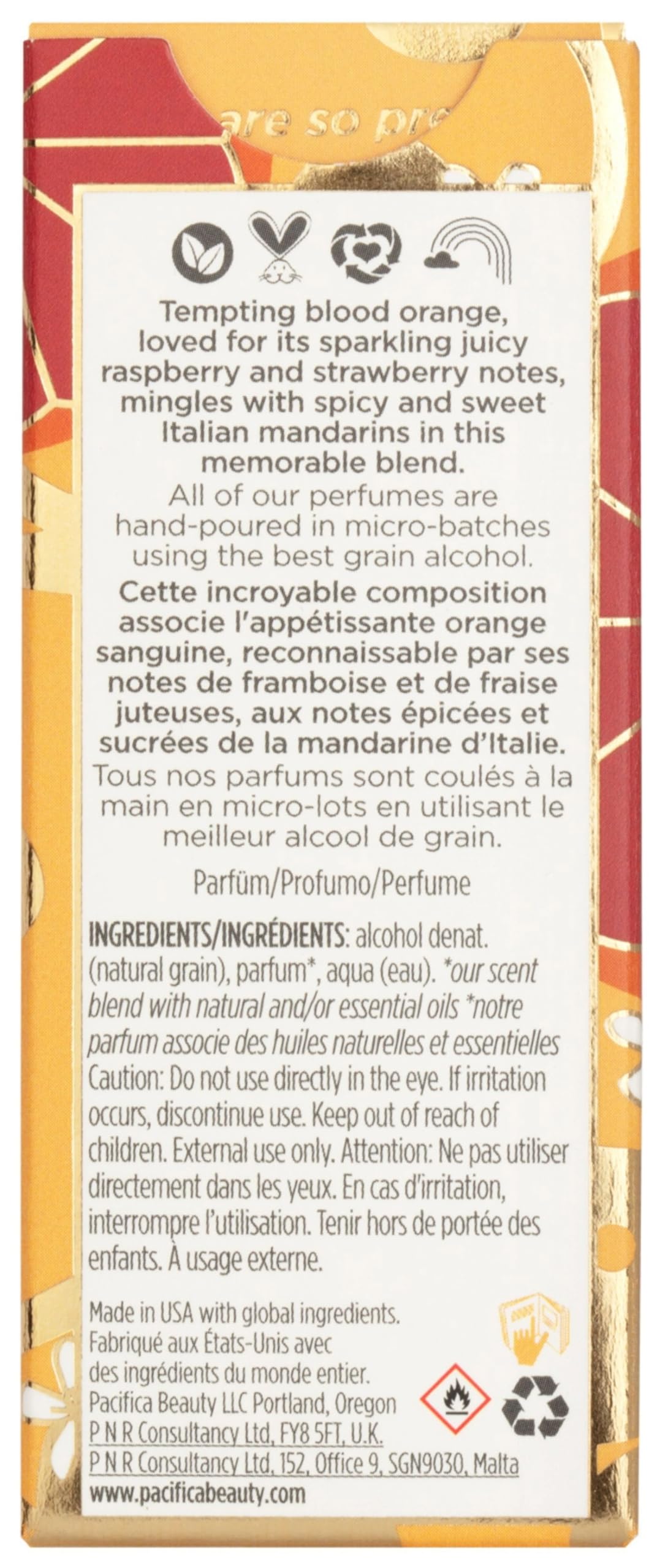 Sunlit summer vibe shot of Pacifica Tuscan Blood Orange perfume.