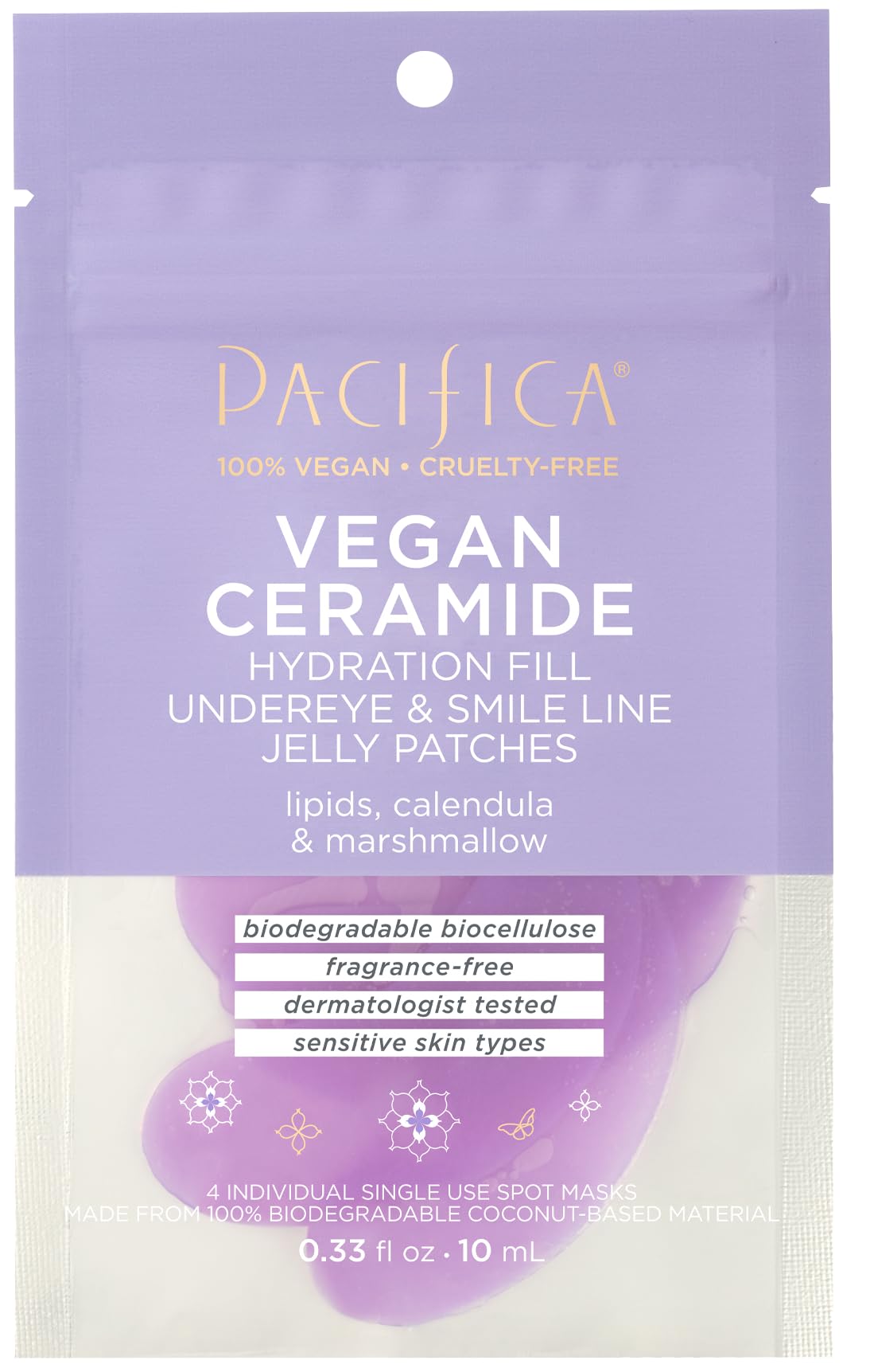 Pacifica Undereye Mask Ceramide Hydrating Jelly Patches applied under the eyes for deep hydration.