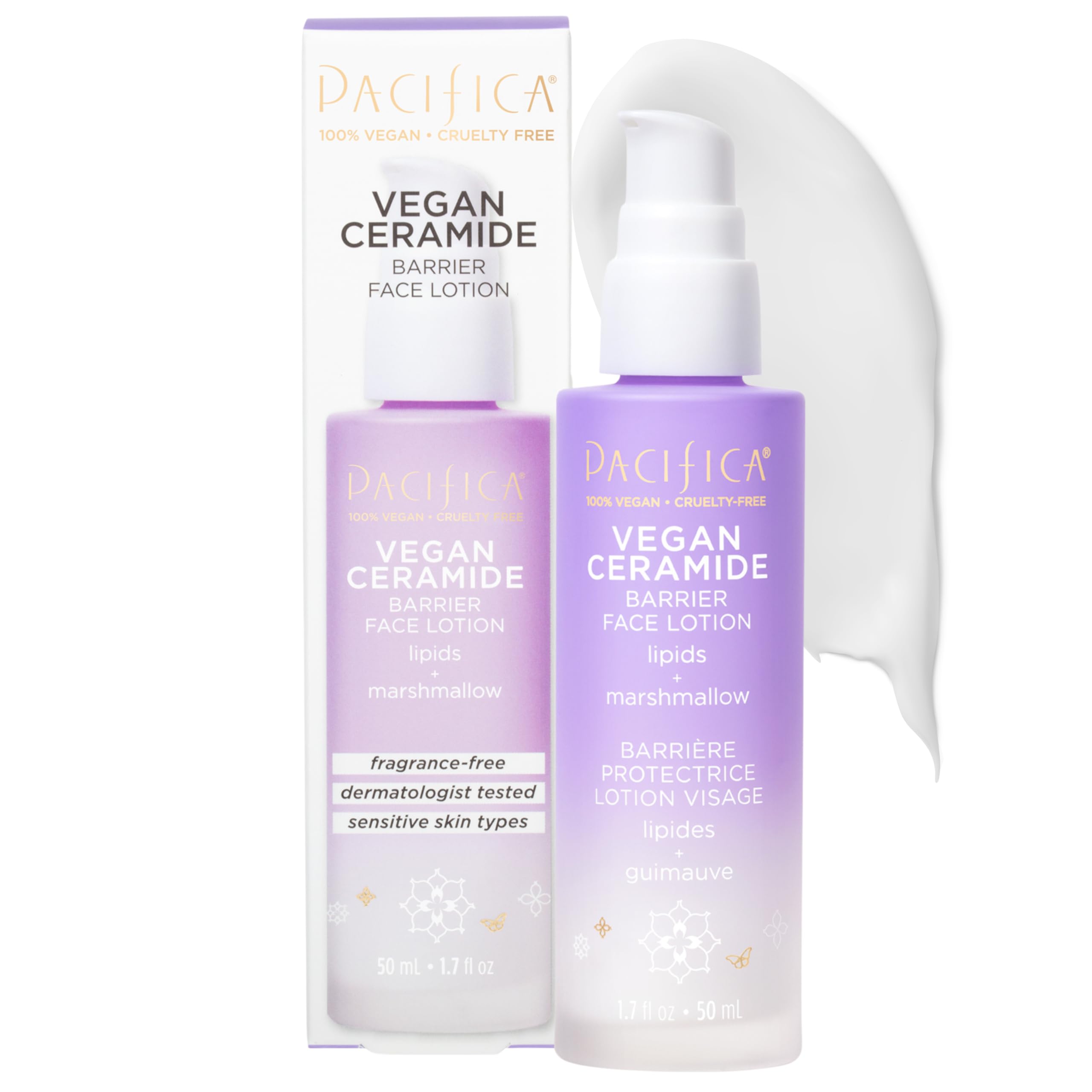 Pacifica Vegan Ceramide Barrier Repair Face Lotion bottle emphasizes ultra-light absorption for sensitive skin.