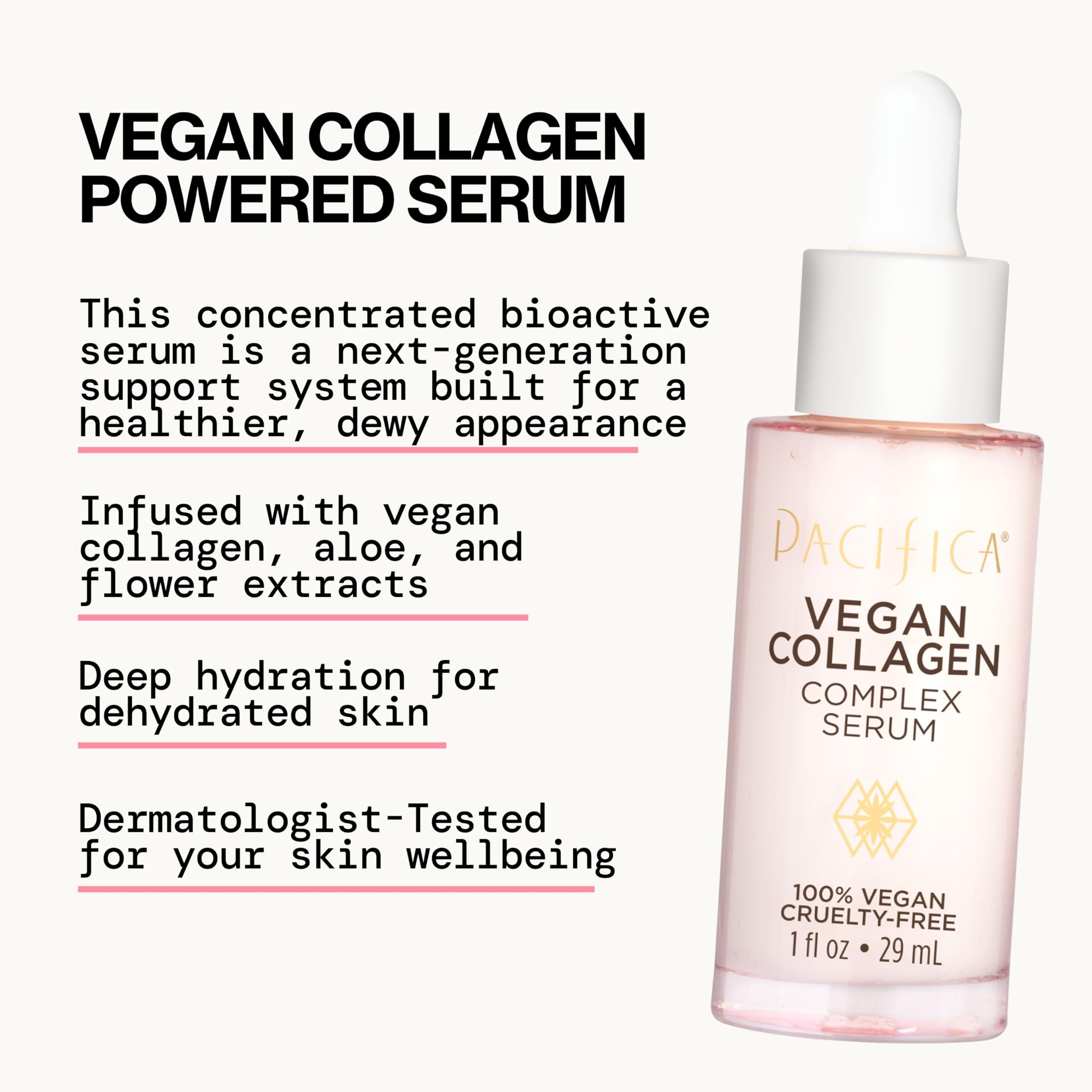 Pacifica Sérum de Colágeno Vegano: envase de vidrio reciclable para cuidado responsable.