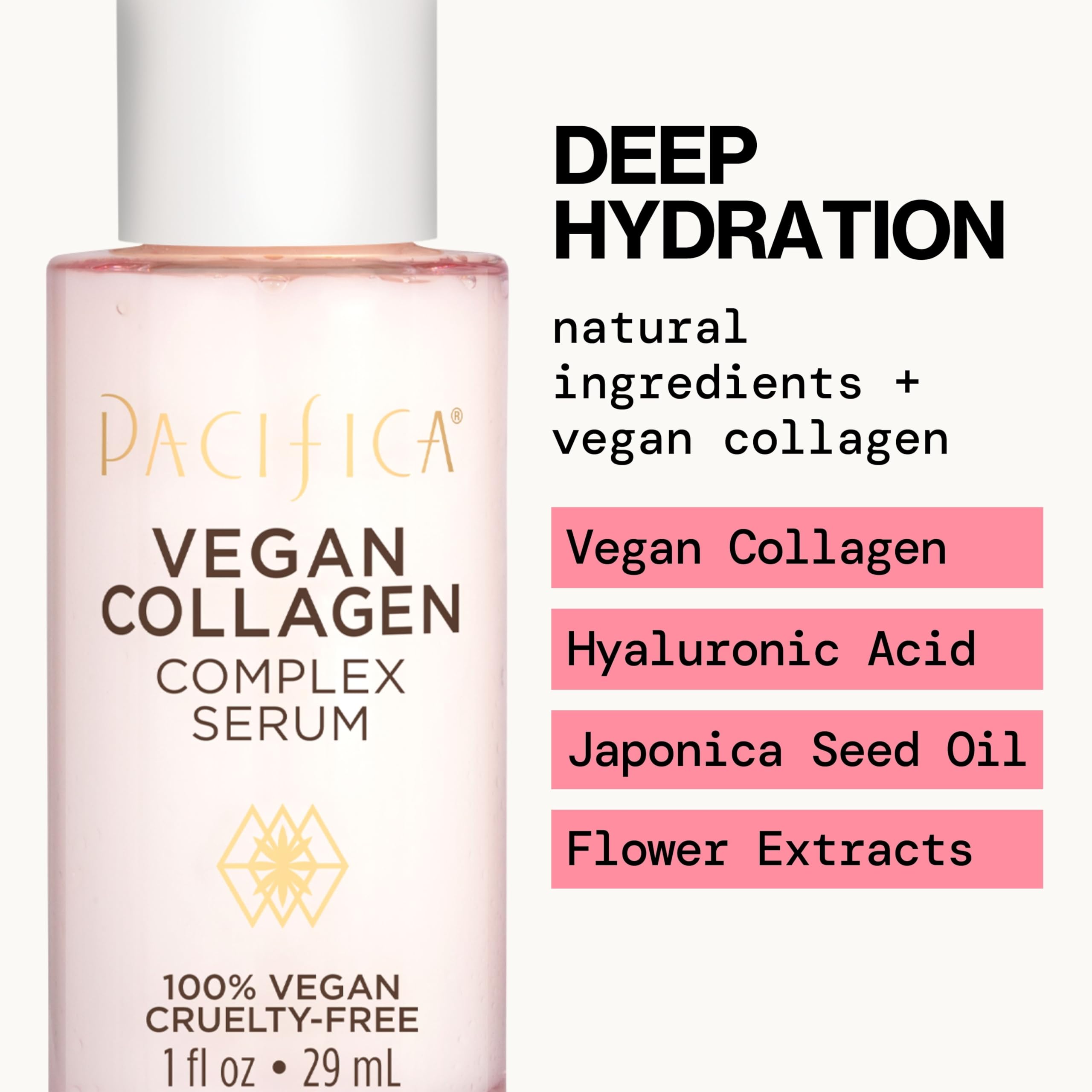 Pacifica Sérum de Colágeno Vegano: extractos florales calman y realzan el brillo.