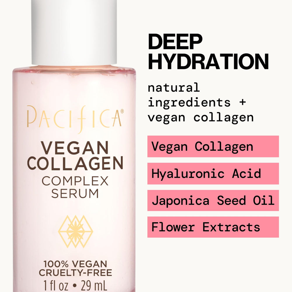 Pacifica Sérum de Colágeno Vegano: extractos florales calman y realzan el brillo.
