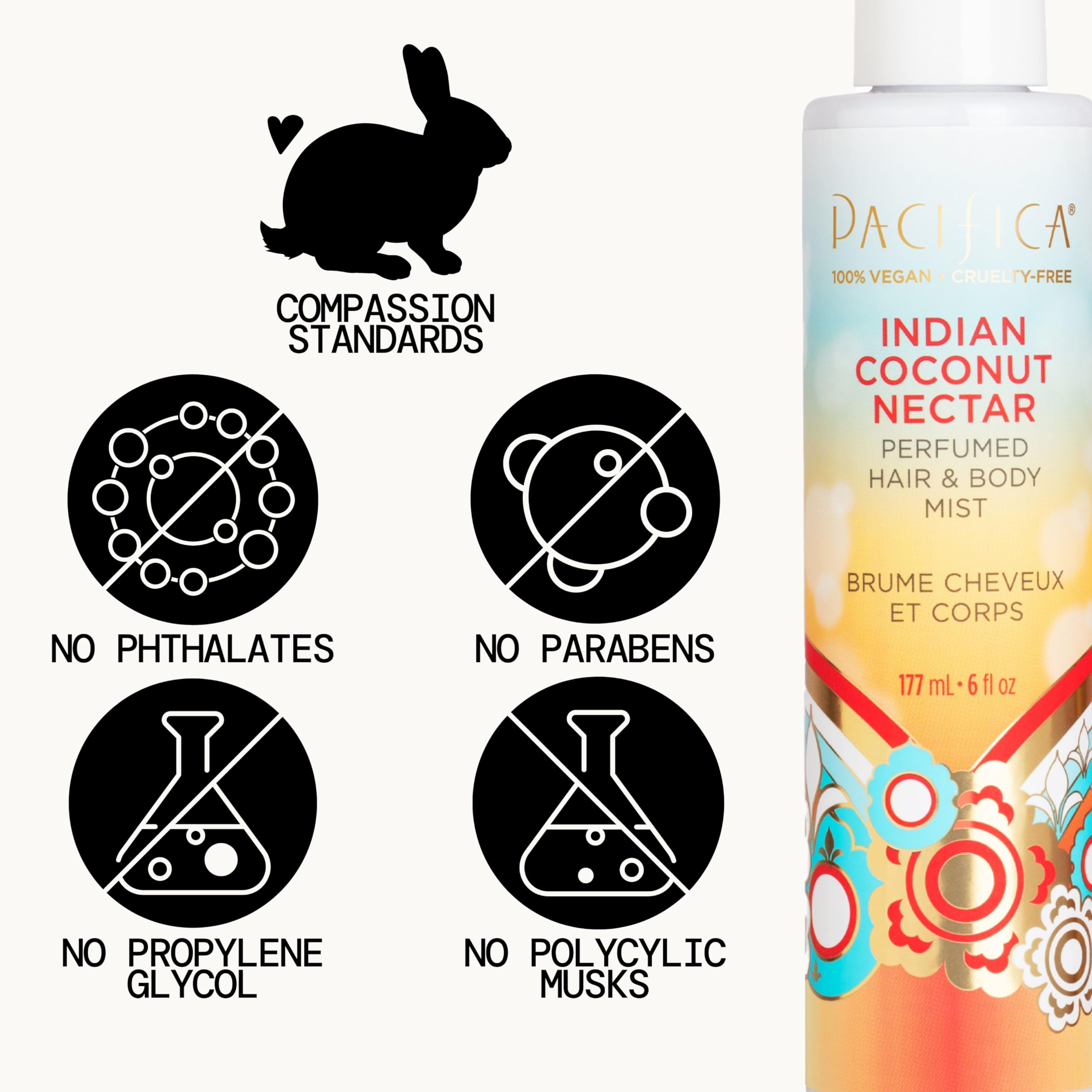 Pacifica vegan cruelty-free symbol on packaging signals ethical formula.