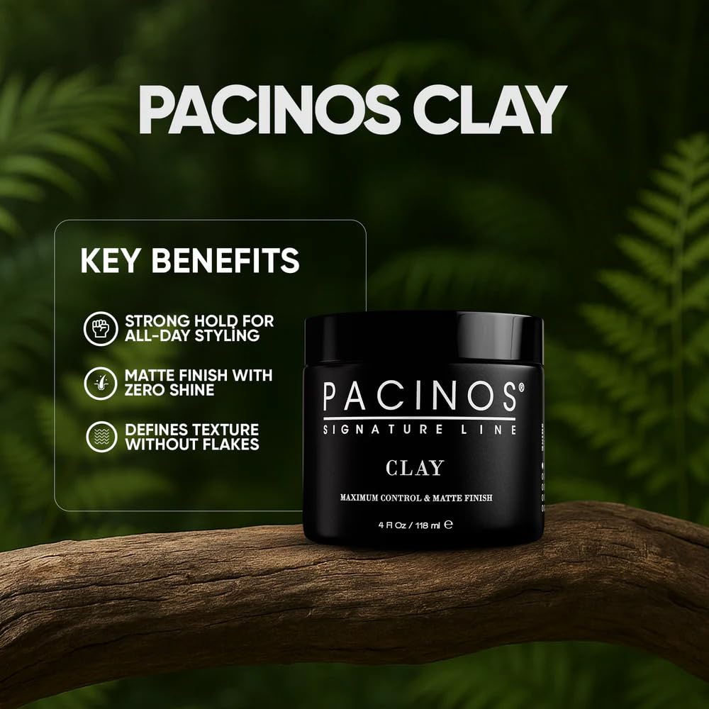 Pacinos arcilla para peinar, fijación firme para estilos con volumen sostenido.