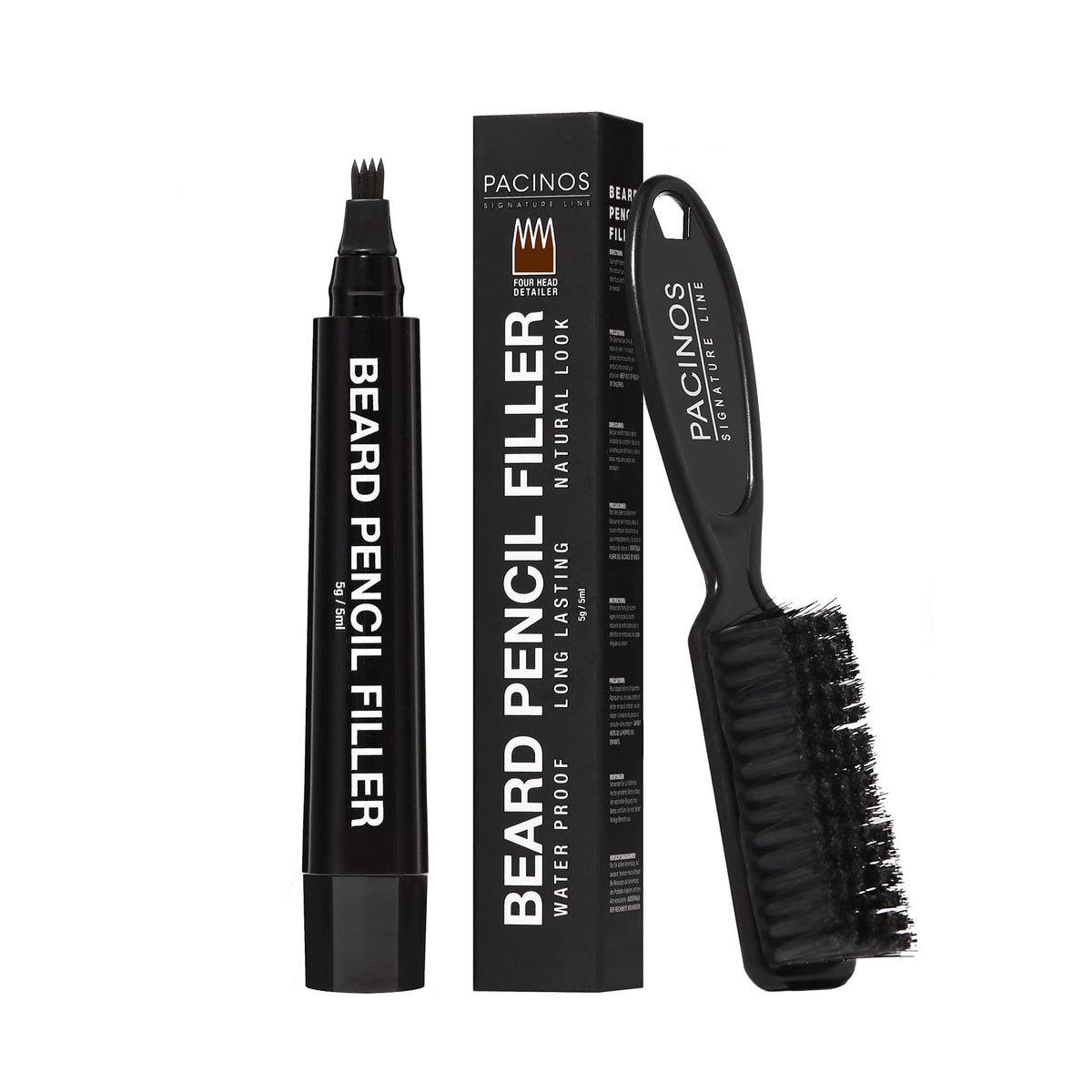 Pacinos beard pencil filler provides waterproof coverage for a seamless beard.