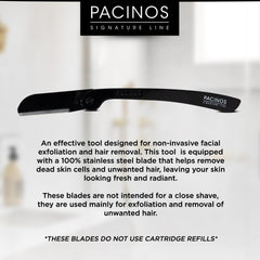 Pacinos Derma Blades dermaplaning action for exfoliation and smoother skin.