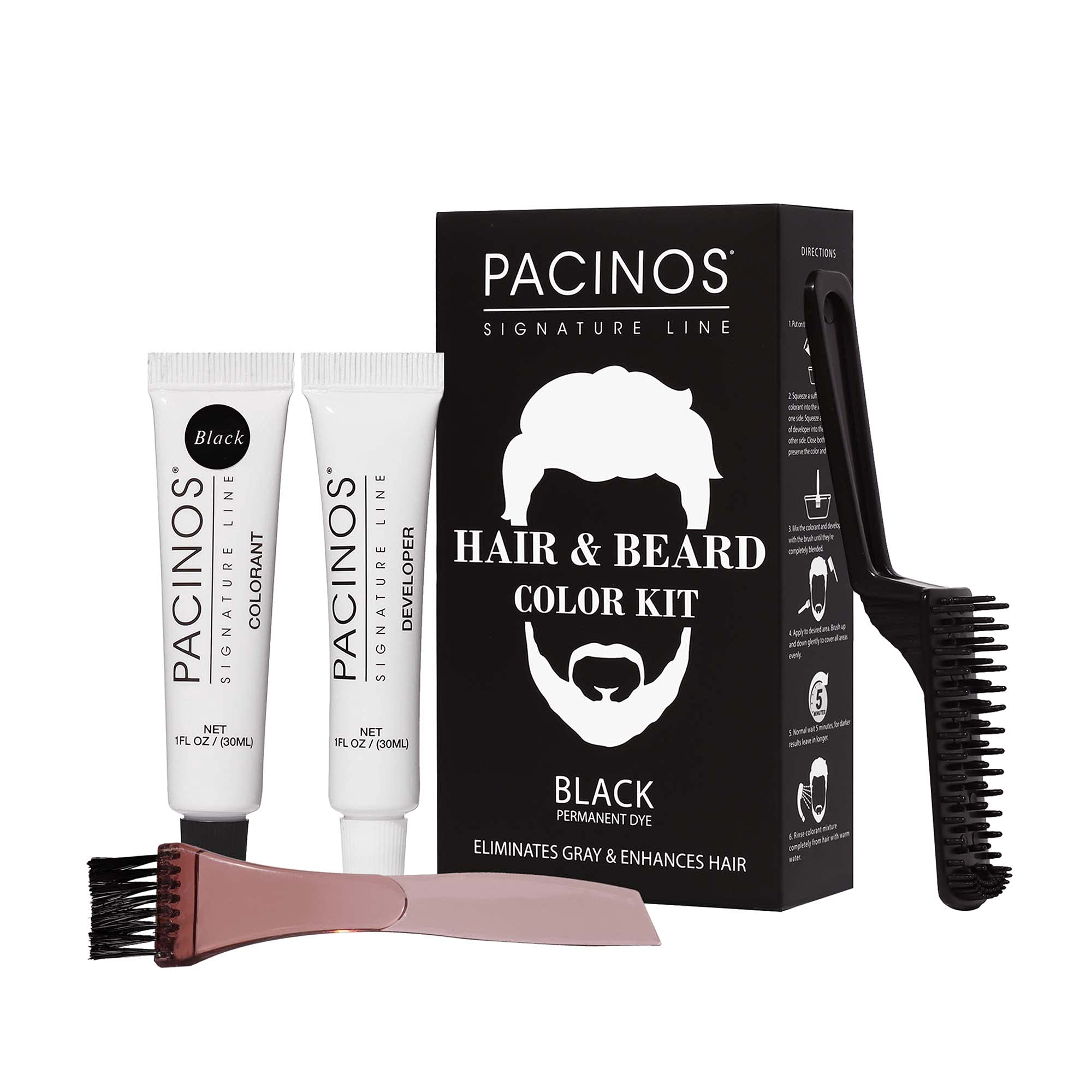 Pacinos Hair & Beard Color Kit black bottle for quick gray coverage.