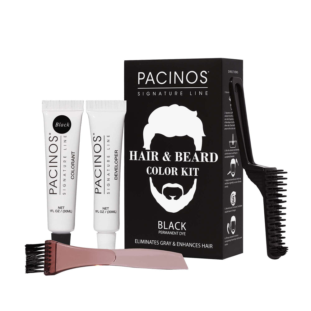 Pacinos Hair & Beard Color Kit black bottle for quick gray coverage.