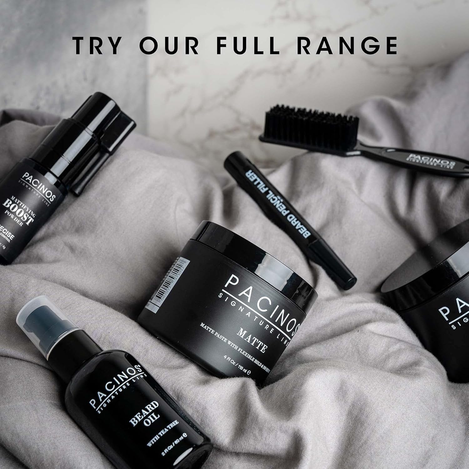 Pacinos Hair Fiber Kit all-day hold shown in a grooming setup.