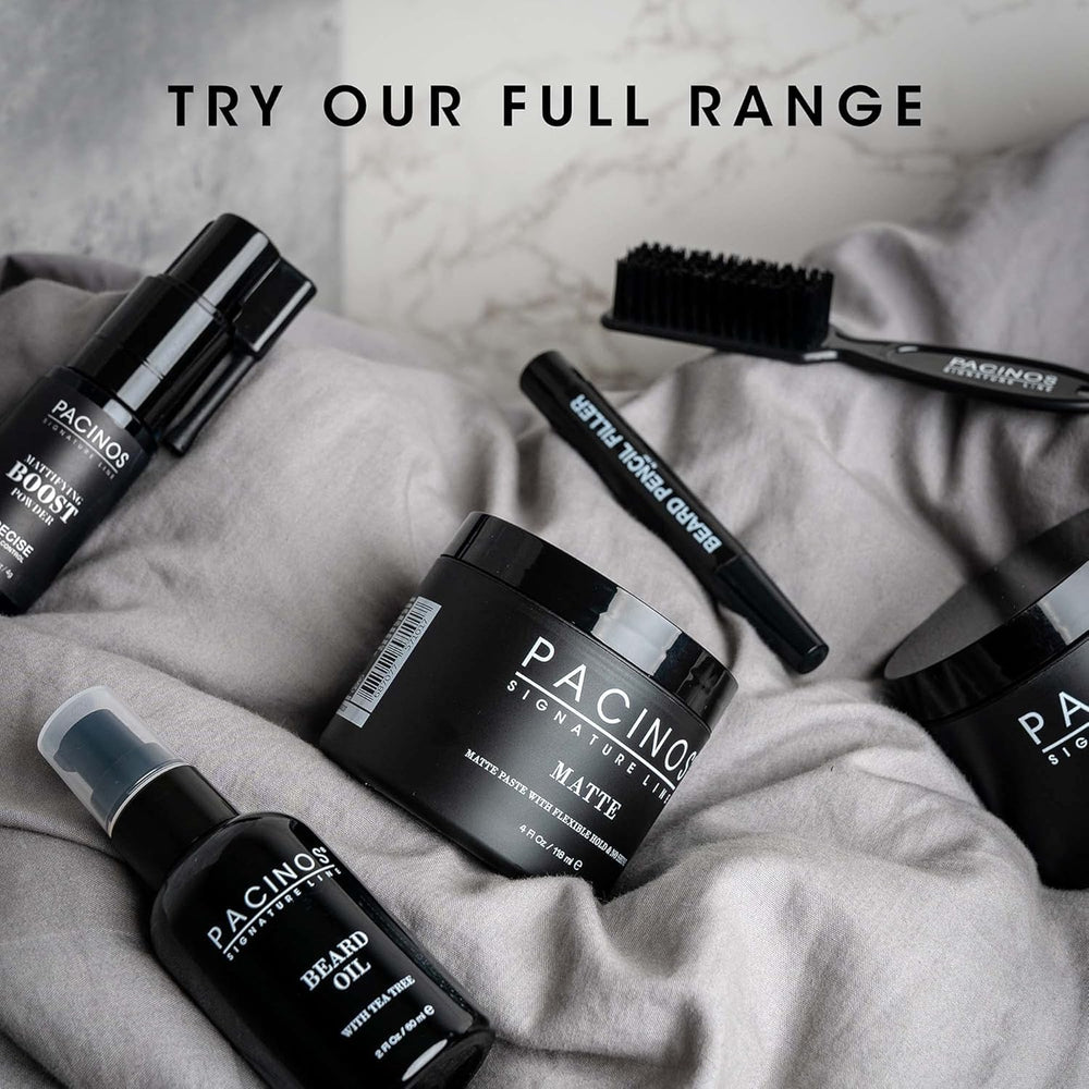 Pacinos Hair Fiber Kit all-day hold shown in a grooming setup.