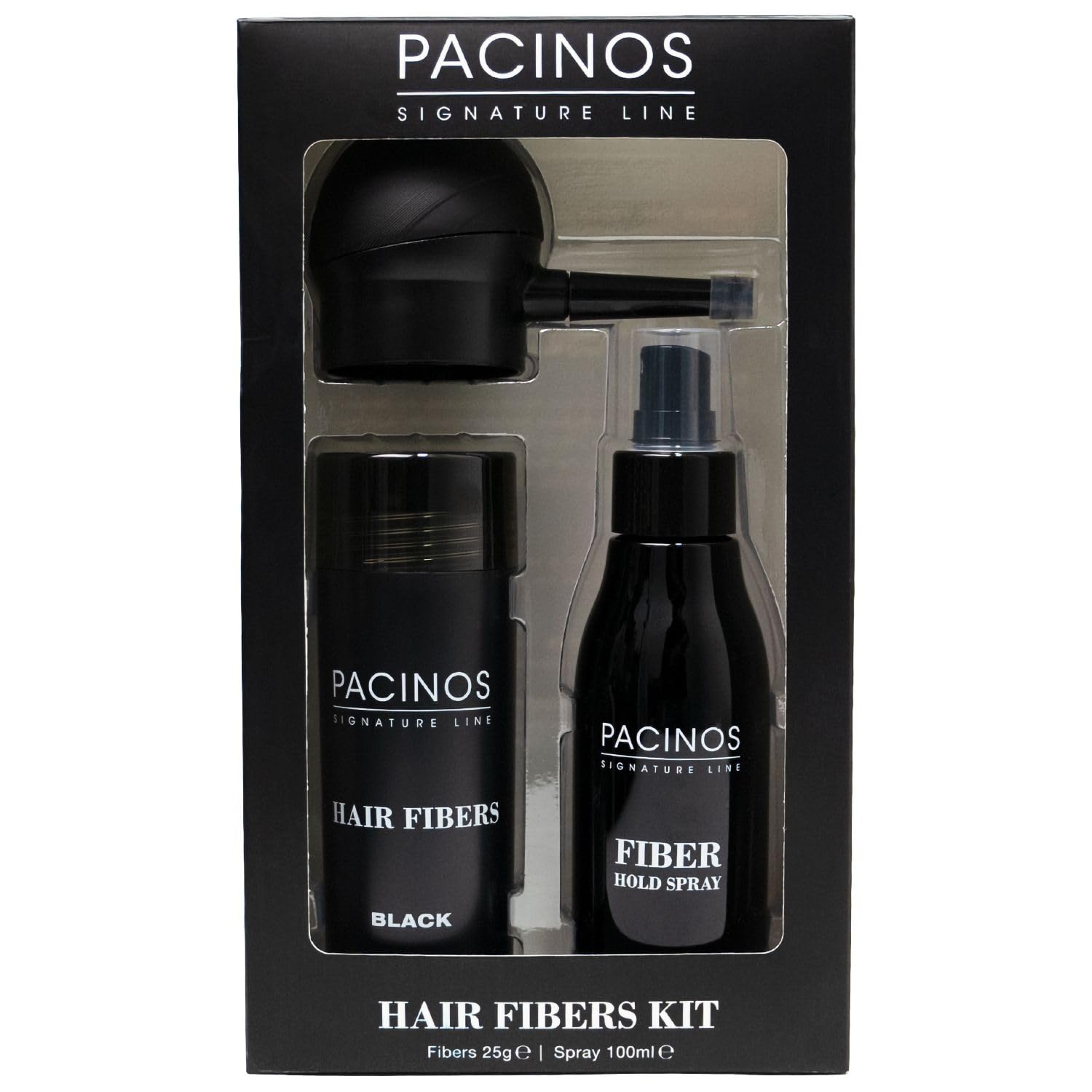Pacinos Hair Fiber Kit bottle closeup highlighting mess-free application.