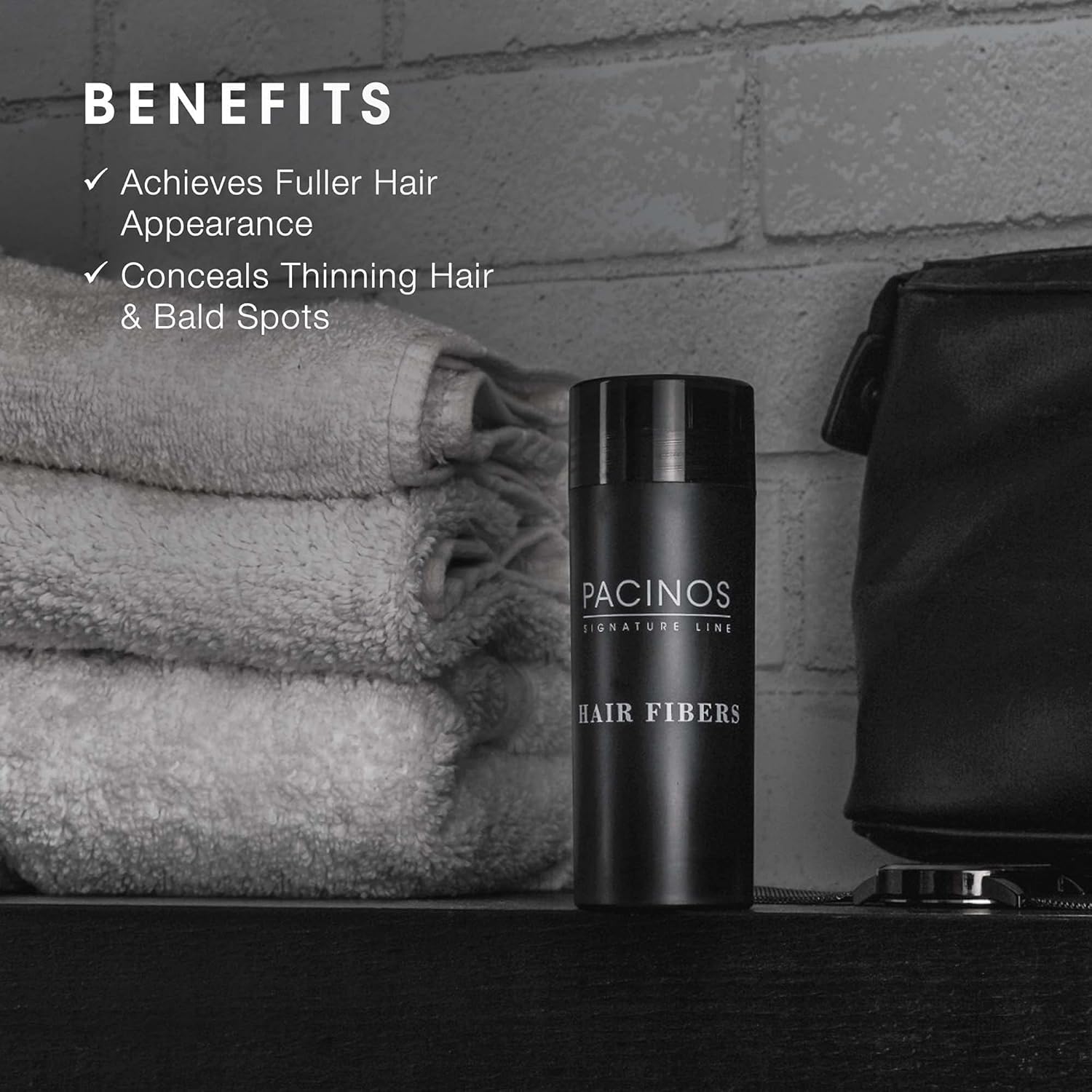 Pacinos Hair Fiber Kit coverage demo with clump-free fibers blending naturally.