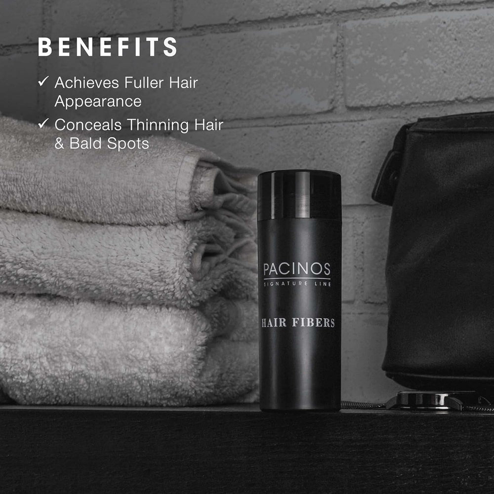 Pacinos Hair Fiber Kit coverage demo with clump-free fibers blending naturally.