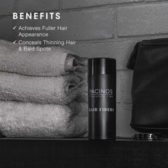 Pacinos Hair Fiber Kit coverage demo with clump-free fibers blending naturally.