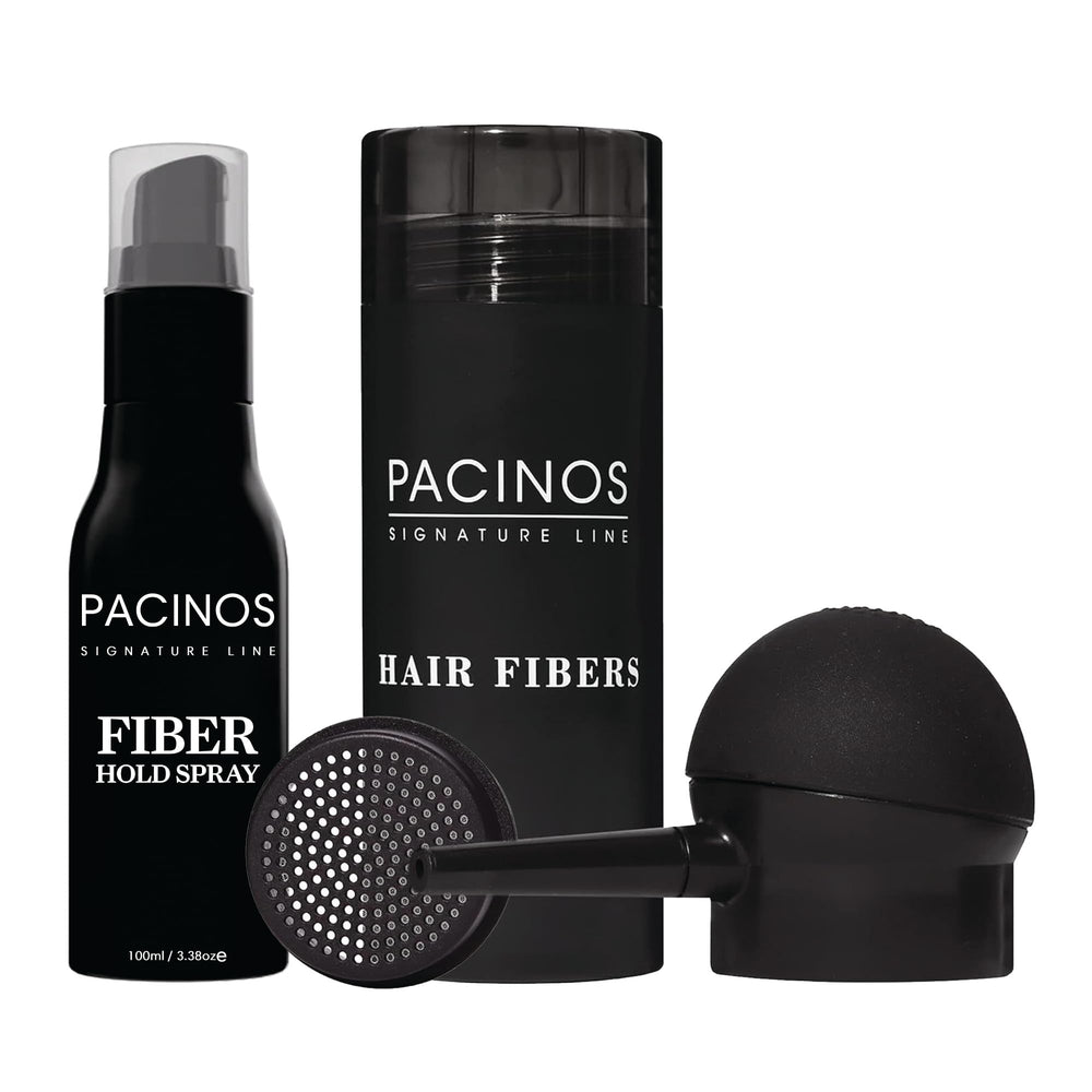 Pacinos Hair Fiber Kit packaging shows premium kit for instant thinning coverage.