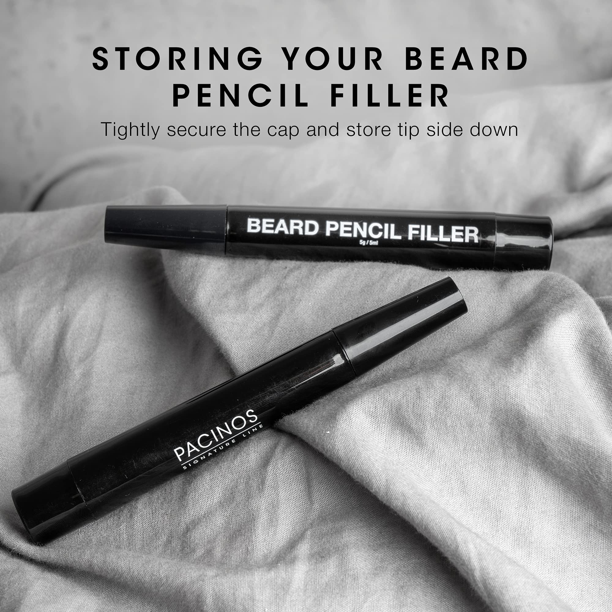 Pacinos moustache and eyebrows defined with precise pencil strokes.
