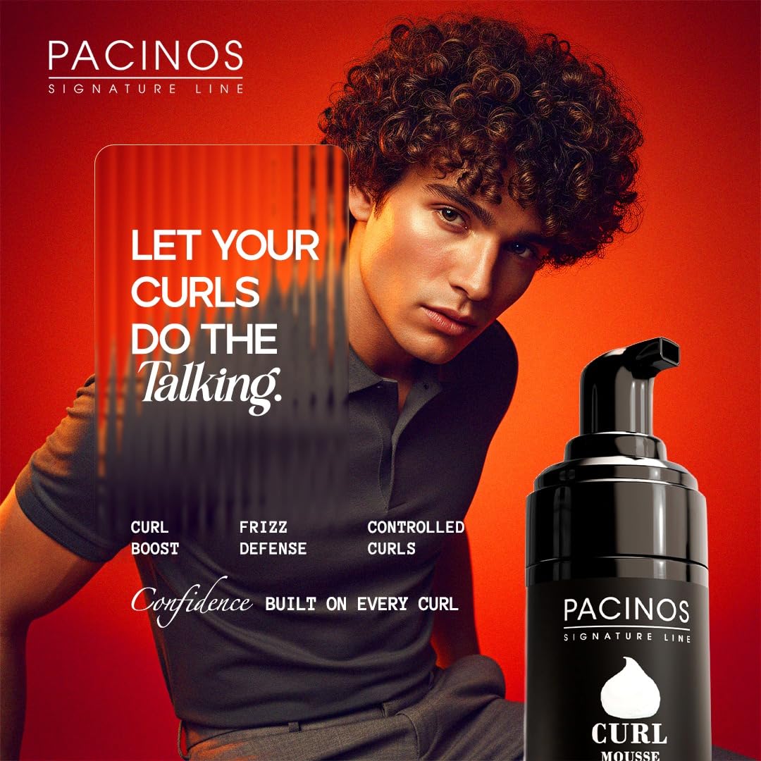 Pacinos Mousse applied to damp hair creates defined curls for styling.