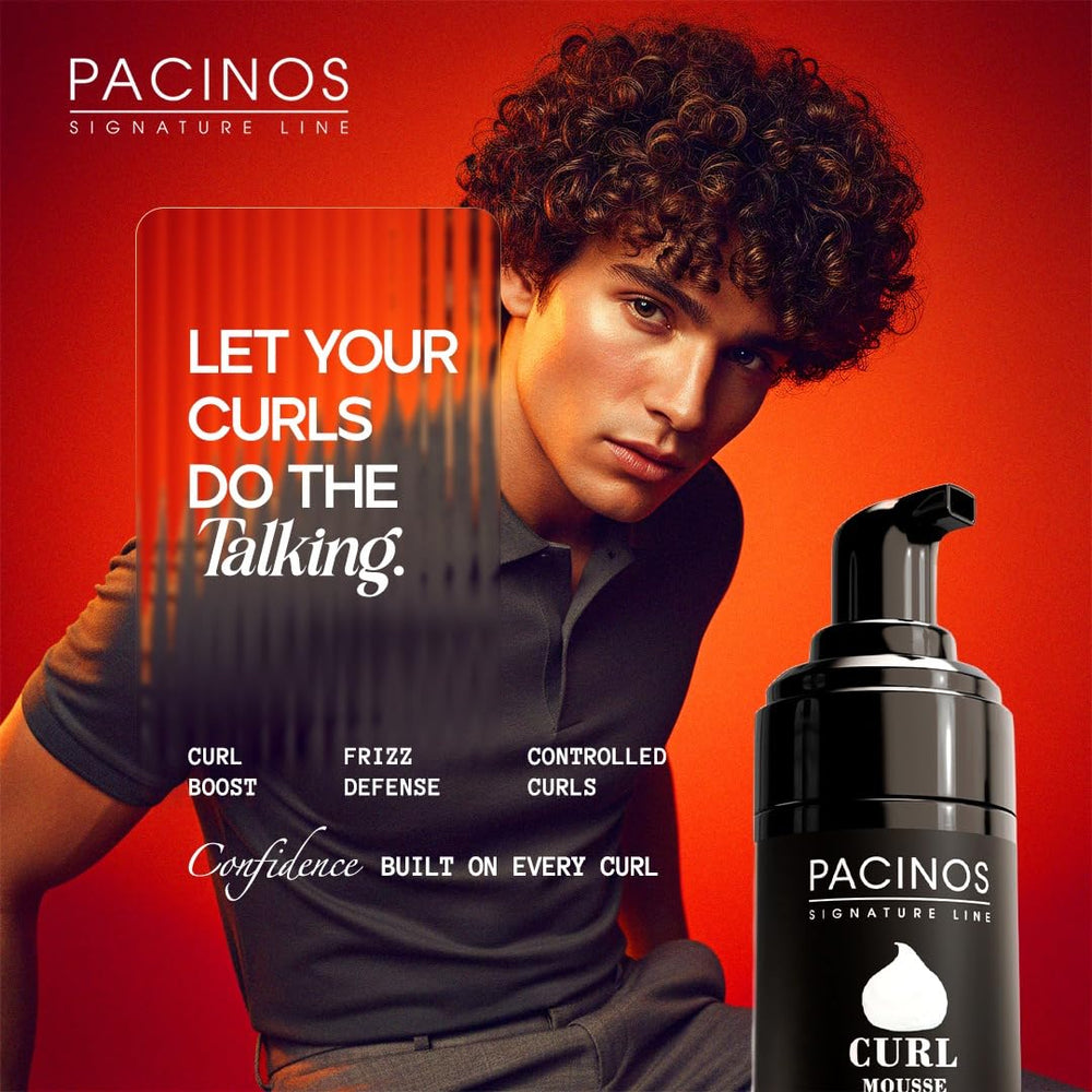 Pacinos Mousse applied to damp hair creates defined curls for styling.