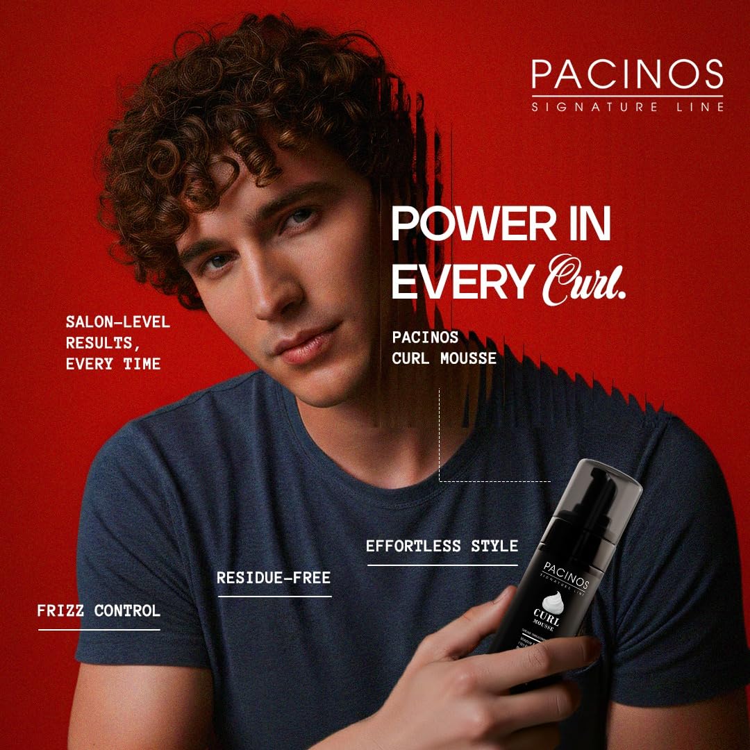 Close-up of Pacinos Signature Line Curl Mousse dispense showing controlled flow.