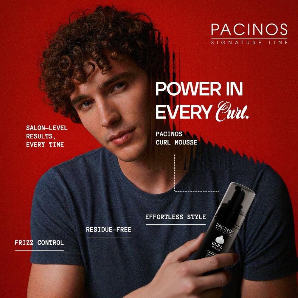 Close-up of Pacinos Signature Line Curl Mousse dispense showing controlled flow.