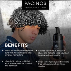 Foam texture of Pacinos Curl Mousse close-up highlighting lightweight hold.