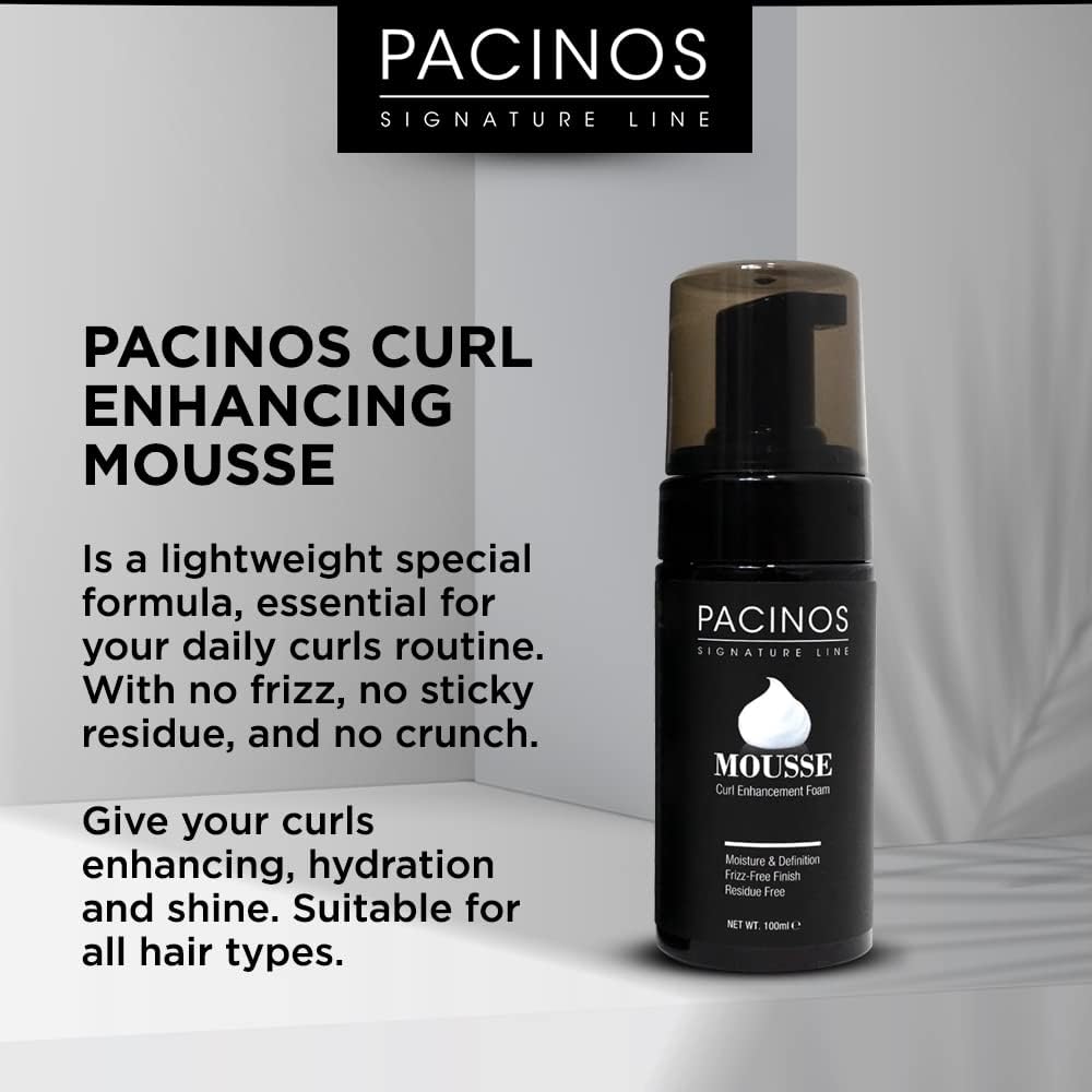 Pacinos Curl Mousse on soft-hold finish with flexible curl motion.