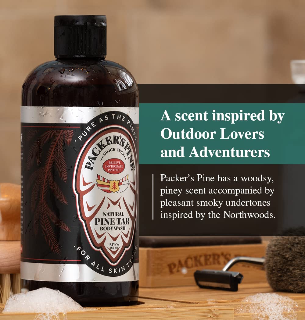 Packer's Pine Tar Body Wash: etiqueta rústica que evoca aventura al aire libre.