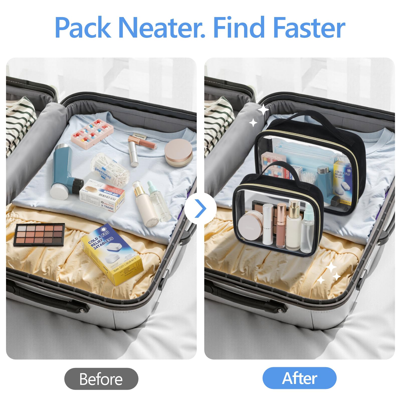 Packism Clear Bags aid organization by category while traveling.