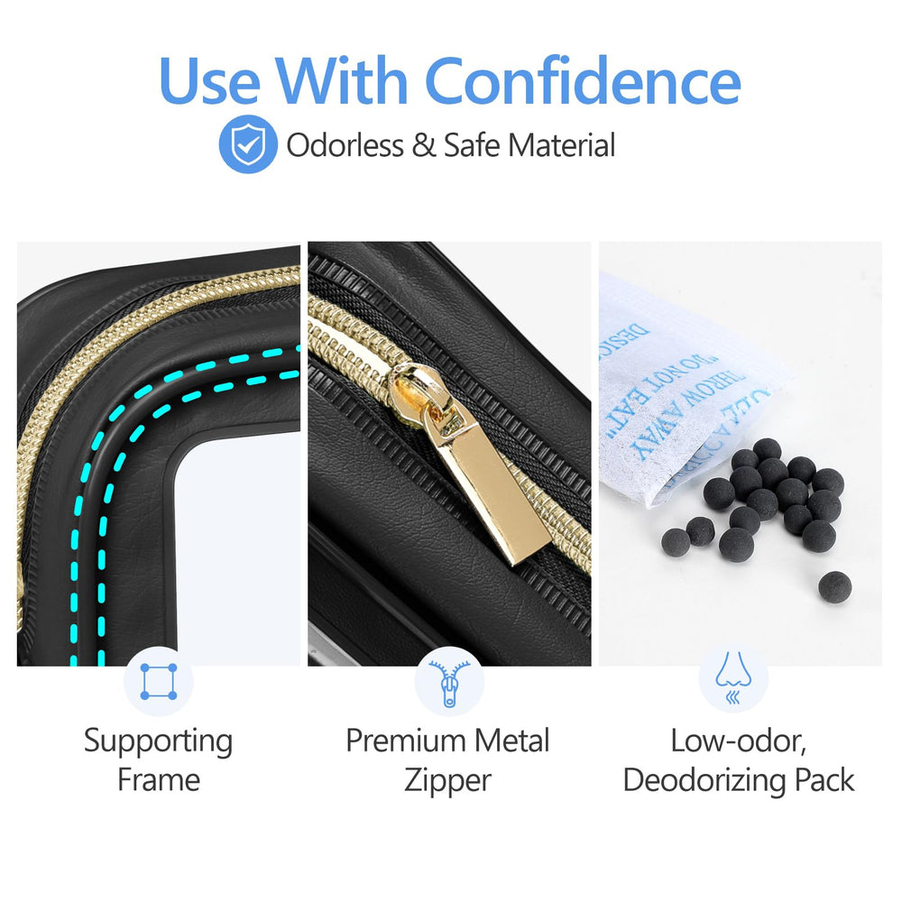Packism clear makeup bag in car console demonstrates easy organization.