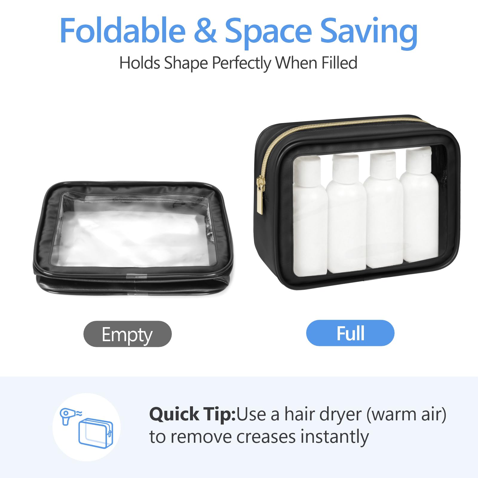 Packism clear makeup bag deodorizing packet inside highlights odor control.