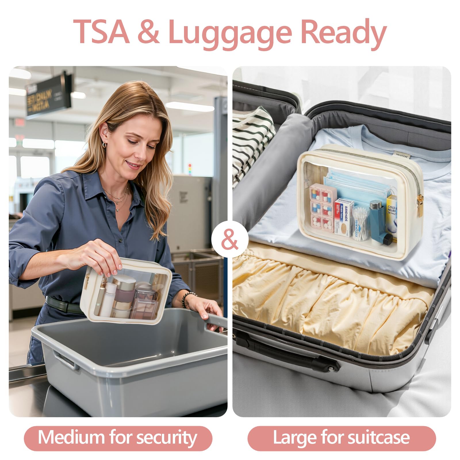 PACKISM clear makeup bag medium, side view highlighting compact carry-on size.