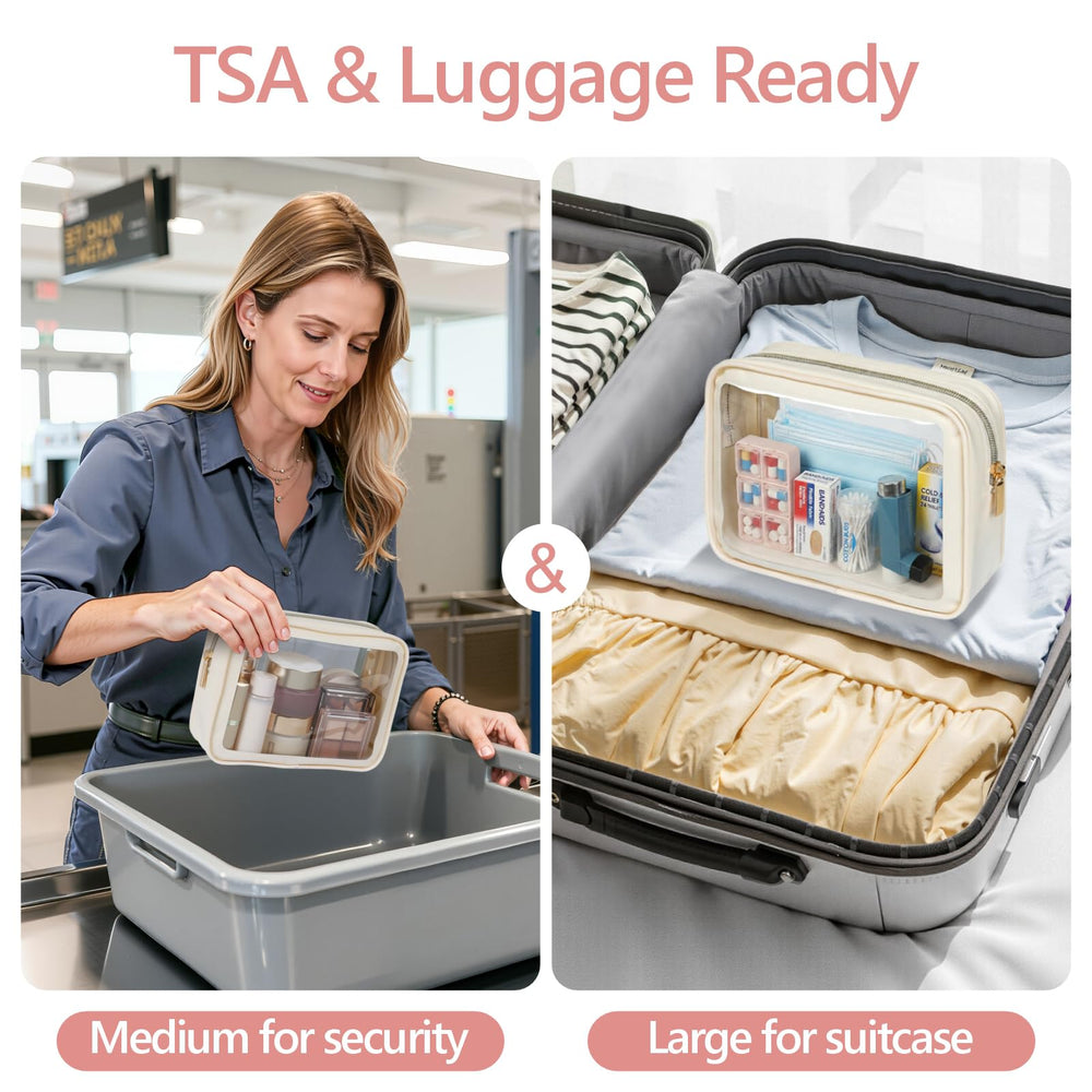 PACKISM clear makeup bag medium, side view highlighting compact carry-on size.