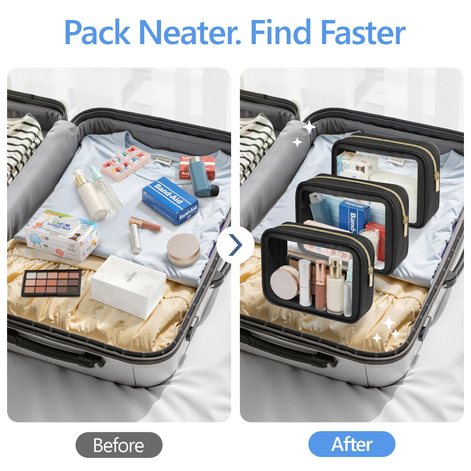 Packism clear makeup bag size comparison for airport security.