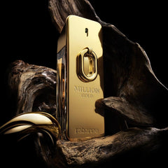 Rabanne Million Gold Intense bottle on surface evokes confident, stylish presence.