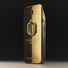 Rabanne Million Gold Intense cap close-up highlights sleek, luxury packaging.