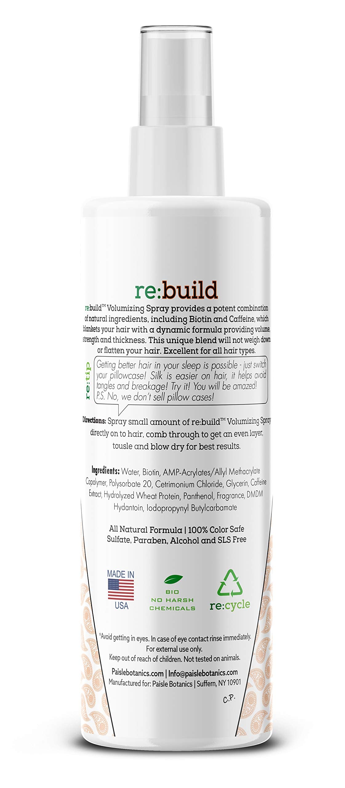 Paisle Botanics Biotin Volumizing Spray, textura suave sin residuos.