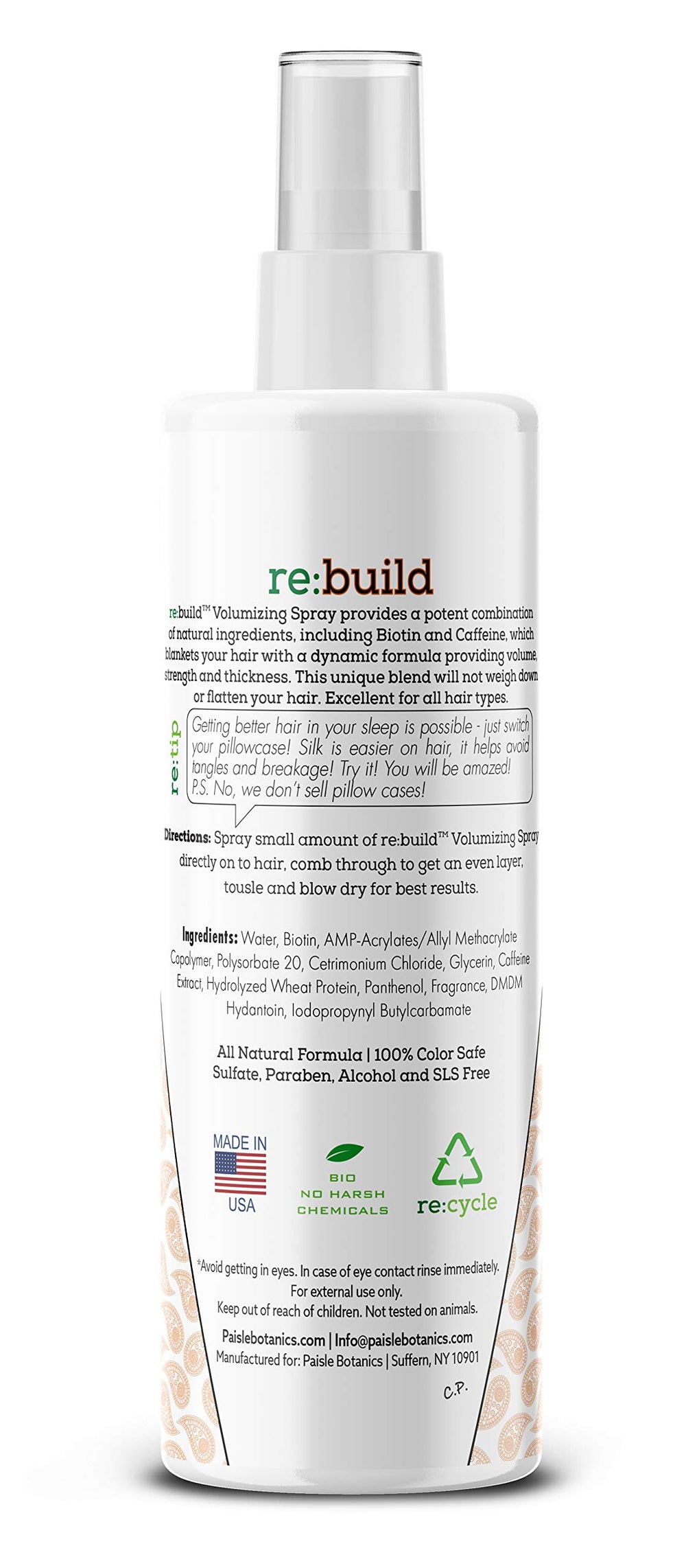 Paisle Botanics Biotin Volumizing Spray, textura suave sin residuos.
