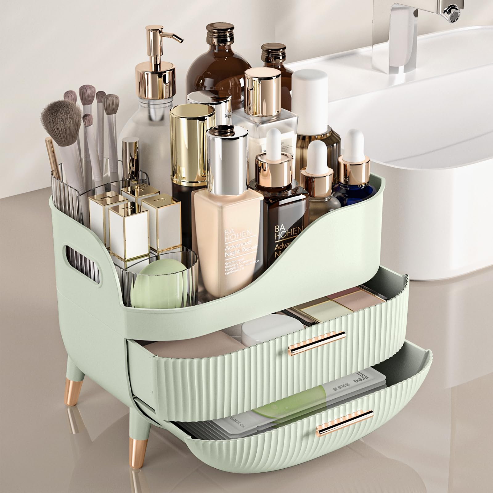 Pajiriona green skincare organizer on countertop keeps tall bottles neatly arranged.