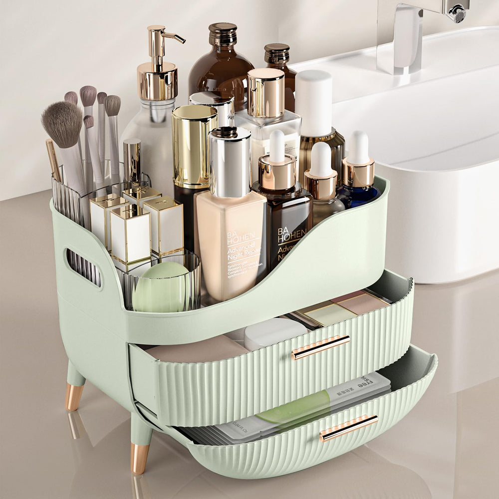 Pajiriona green skincare organizer on countertop keeps tall bottles neatly arranged.