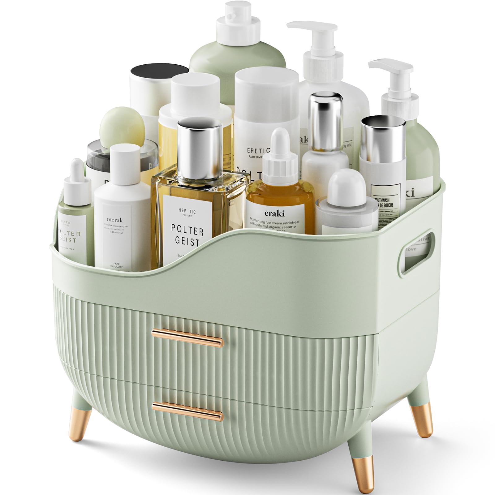 Pajiriona makeup organizer with drawers and top compartment for easy access to cosmetics.