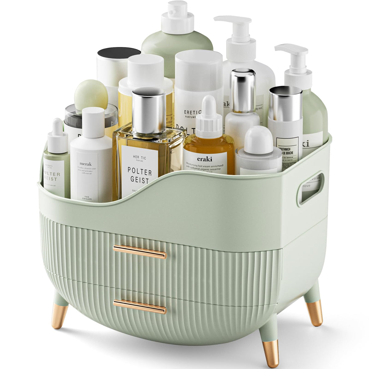 Pajiriona makeup organizer with drawers and top compartment for easy access to cosmetics.