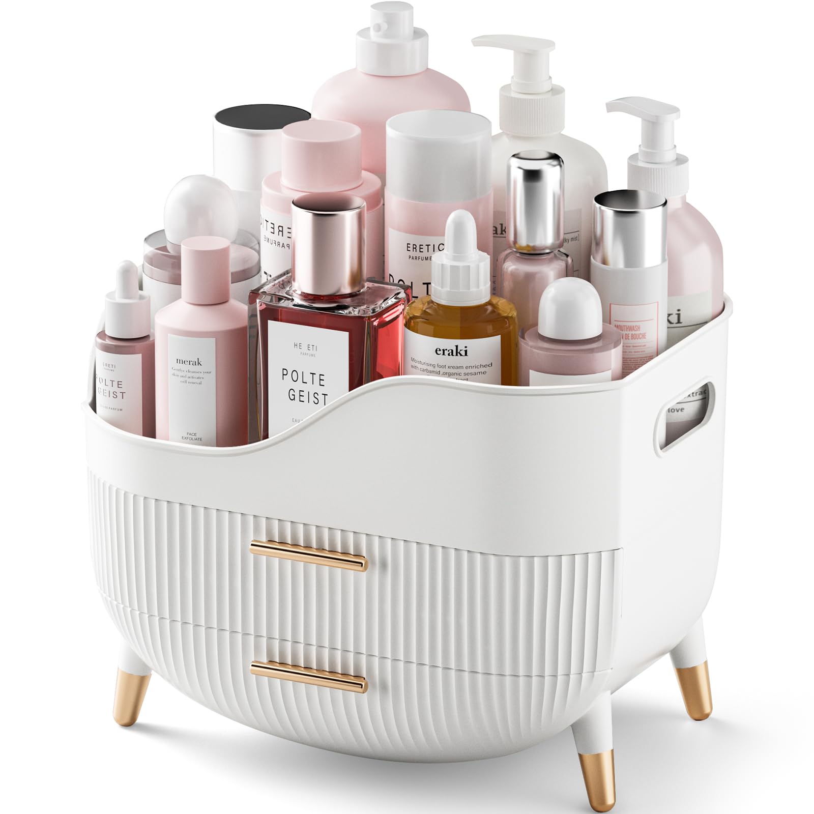 Pajiriona makeup organizer with two drawers and a top compartment for easy cosmetics storage.